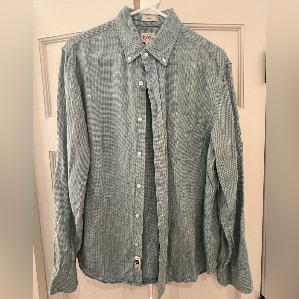 J.Crew Men’s Baird McNutt Irish Linen Shirt Medium Slim Green & White